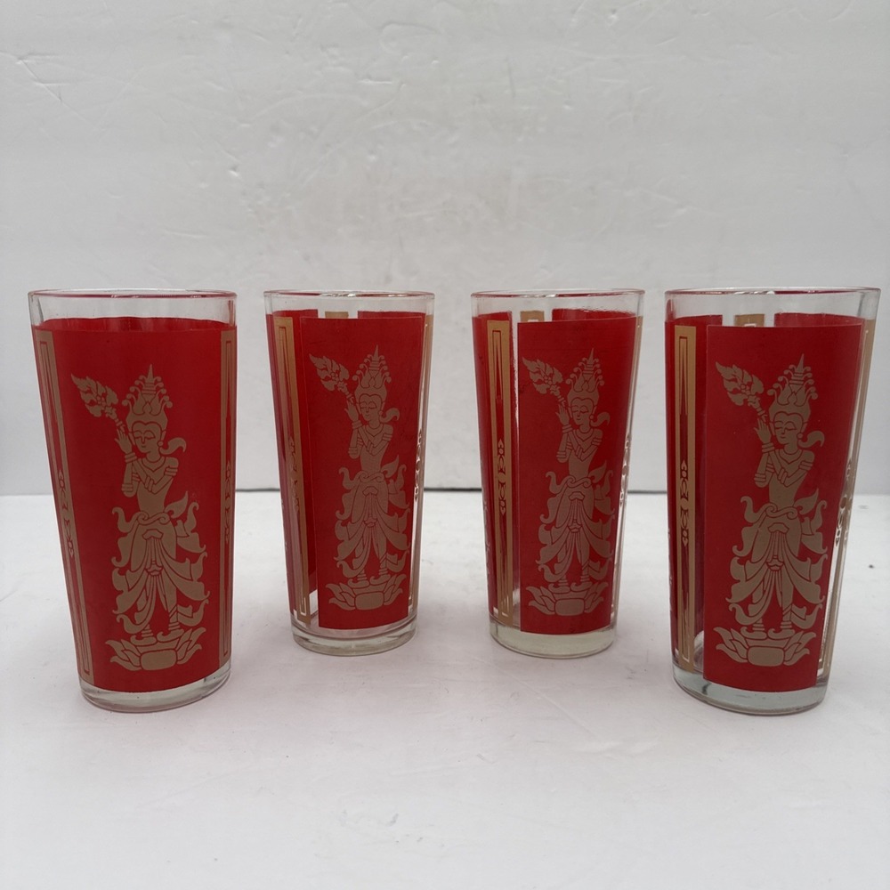 Vntg 1960's Culvers Red & Gold Siam Thai Goddess 4 High Ball Glasses 6.25" Tall
